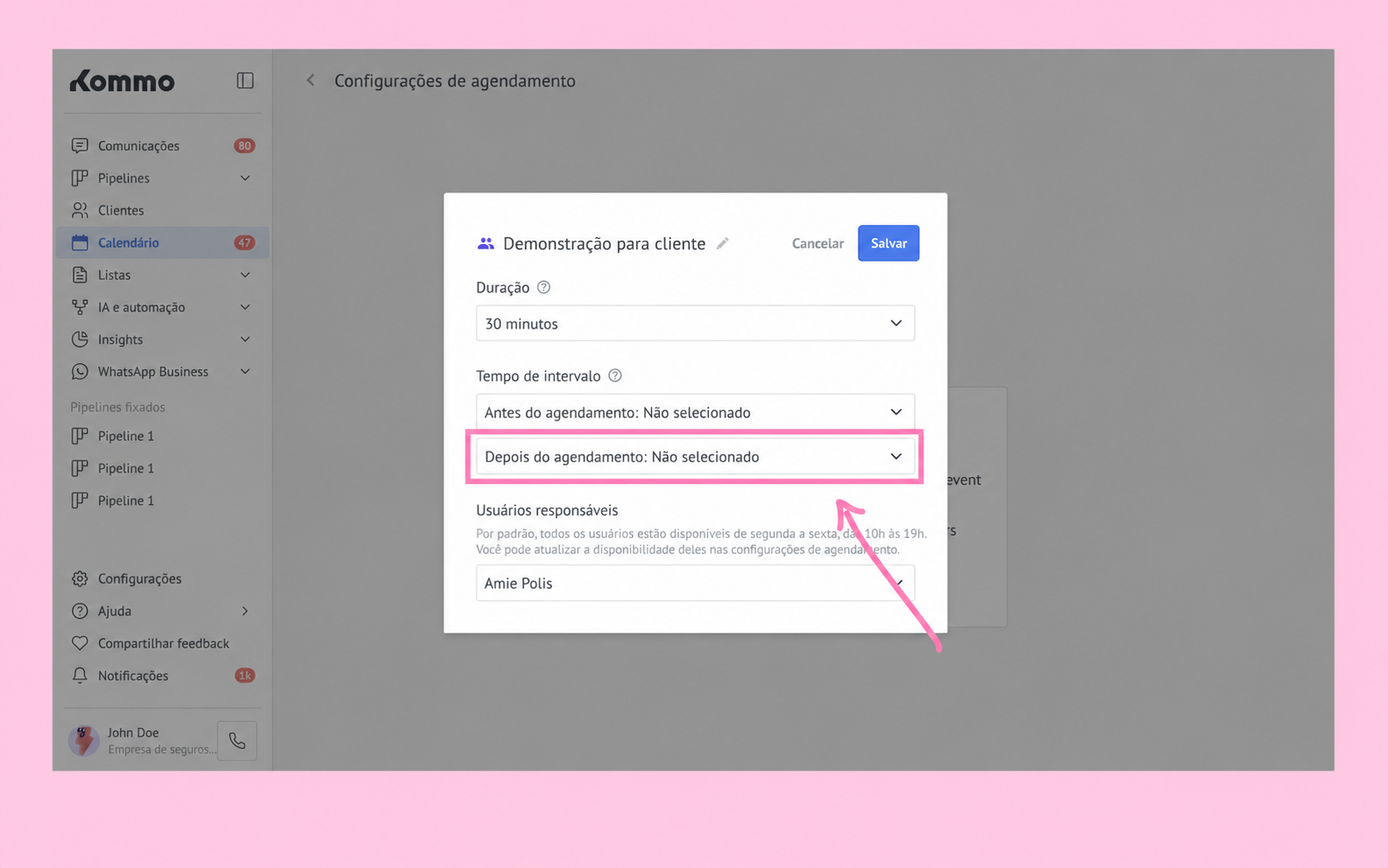 Settings menu showing appointment duration and options for scheduling events.